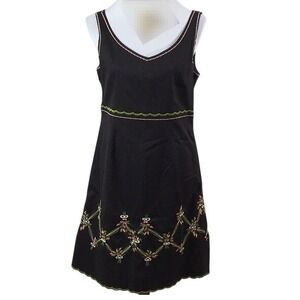VINTAGE 14 Nikki Valenti black fit flare‎ dress floral embroidery lined